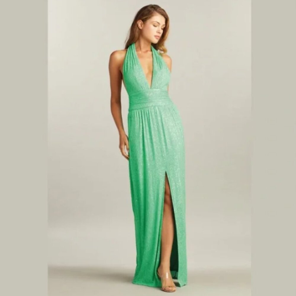 new TADASHI SHOJI Sasha Sequin Halter Maxi GOWN Dress Lime Green STUNNING! - Picture 12 of 16